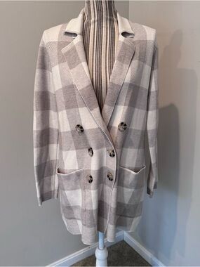 NWT! Marled Womens Soft Cardigan Jacket Plaid Coat Buttons Gray White - Sz Small